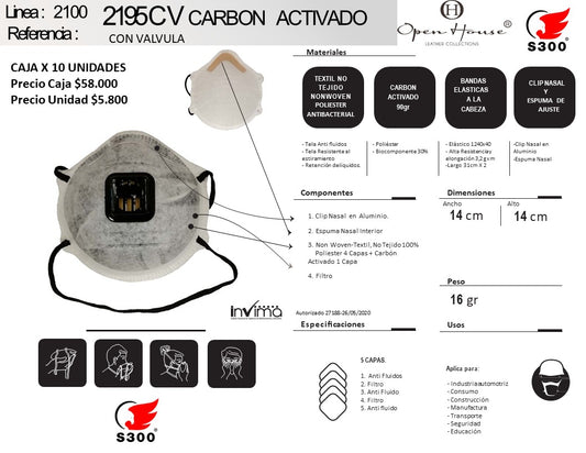 RESPIRADOR PARTICULAS CON CARBON ACTIVADO 2195C CON VALVULA CAJA X 10