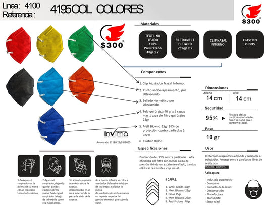 RESPIRADOR  4195  COLORES FUERTES (Cantidad mínima 30 Unidades) ESCOGE TUS COLORES FAVORITOS AQUI. 👇👇