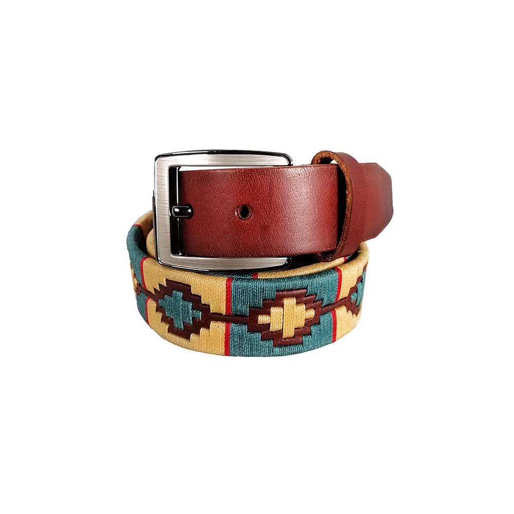 Unisex leather belt with handmade fabric.