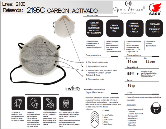 RESPIRADOR PARTICULAS CON CARBON ACTIVADO 2195 GRIS -  CAJA X 10
